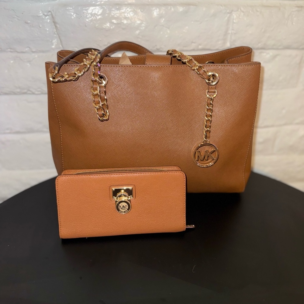 Michael Kors Cognac Saffiano Leather Tote with Matching Wallet